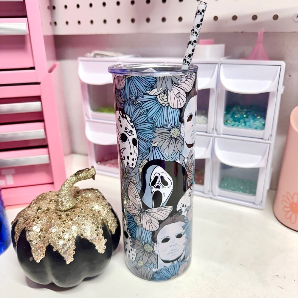 Floral Horror Tumbler with Skull Straw Spooky Halloween Fall Faces 20oz